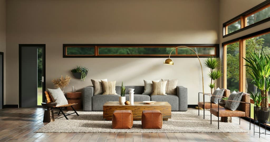 Modern minimalist living room with a gray sofa, wooden coffee table, leather seating, and large windows overlooking greenery.